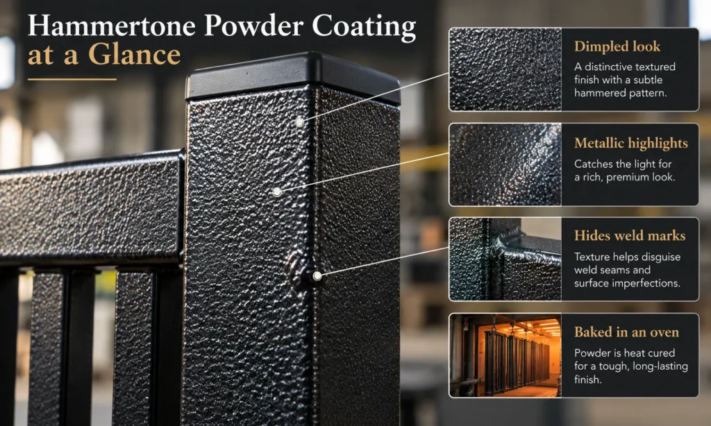 Hammertone powder coating close-up showing its dimpled texture, metallic highlights, weld-hiding finish, and oven-cured coating.