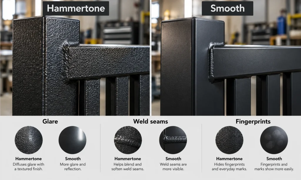 Side-by-side comparison of hammertone and smooth metal finishes, highlighting glare, weld seams, and fingerprints