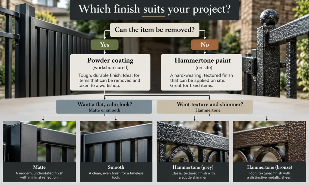 Metal finish infographic comparing powder coating, hammertone, matte, and smooth finishes.